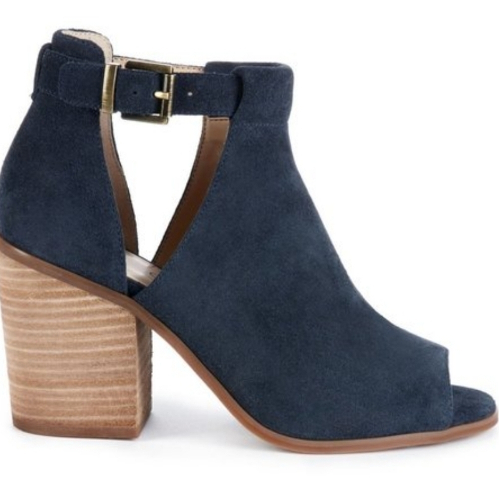Sole Society Navy Suede Peep-Toe Cutout Ankle Booties with Stacked Heel